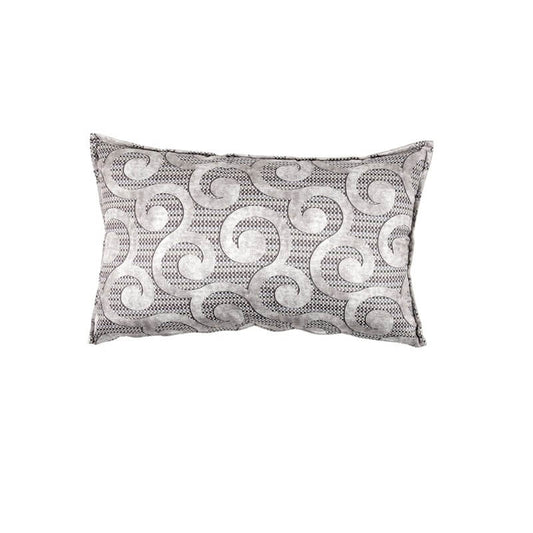 Cuscino arredo Fazzini Cirri in velluto e raso di cotone. Misura rettangolare. Fantasia con ricciolo su fondo rigato. Colore grigio