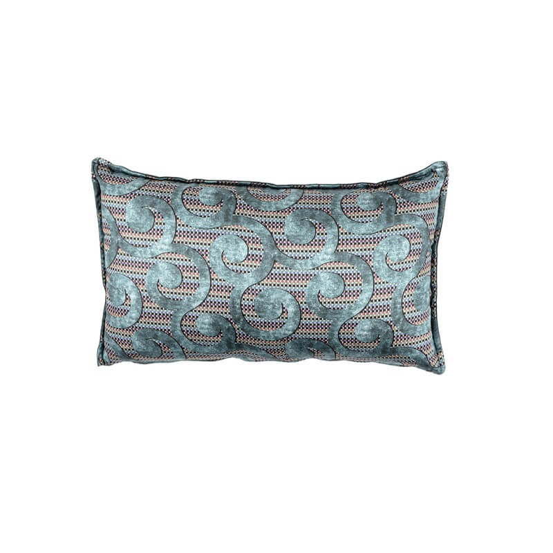 Cuscino arredo Fazzini Cirri in velluto e raso di cotone. Misura rettangolare. Fantasia con ricciolo su fondo rigato. Colore petrolio verde