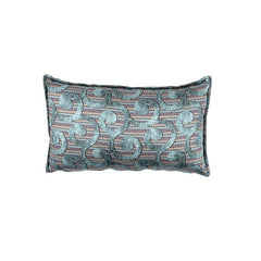 Cuscino arredo Fazzini Cirri in velluto e raso di cotone. Misura rettangolare. Fantasia con ricciolo su fondo rigato. Colore petrolio verde