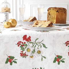 Tovaglia Natale Gabel Excellente per 12 o 18 persone. Fondo bianco con fiori bianchi, foglie verdi e bacche rosse. Misto cotone e poliestere