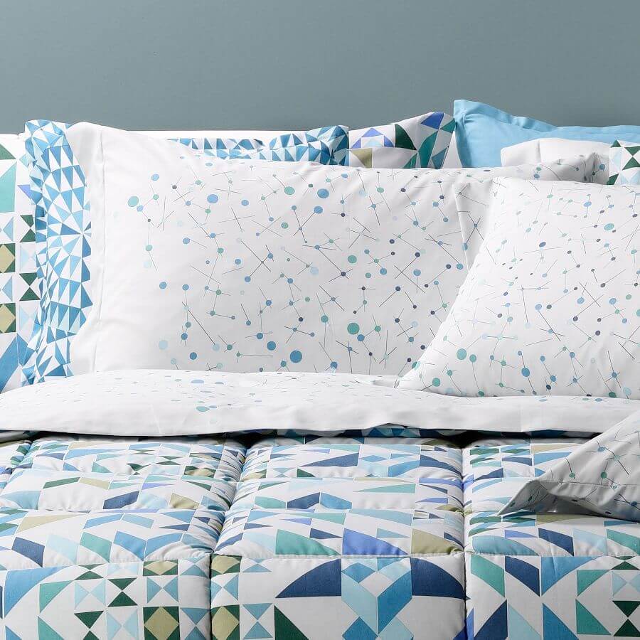 Completo lenzuola Caleffi Kent in puro cotone per letto singolo. Fantasia moderna geometrica colore blu.