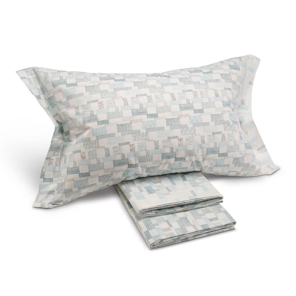 Completo lenzuola Caleffi Oxford in puro cotone per letto a una piazza. Fantasia moderna geometrica colore anice