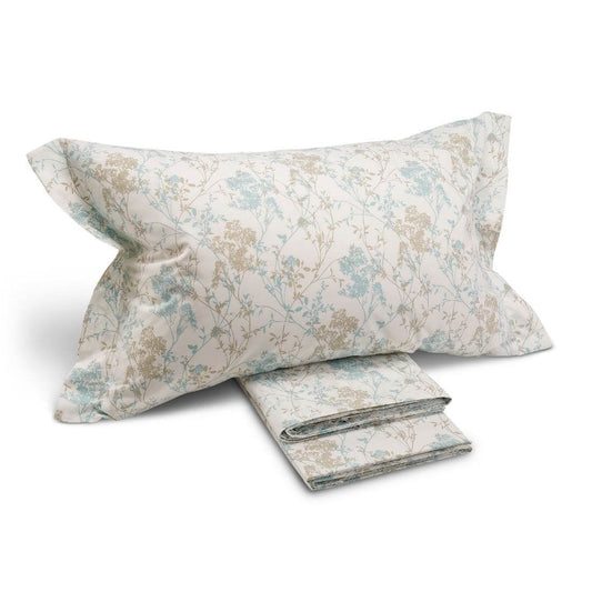 completo lenzuola caleffi serena in puro cotone. Fantasia floreale colore anice/azzurro su fondo beige . Misura piazza e mezza e matrimoniale