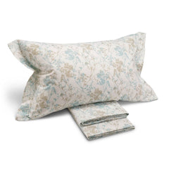 completo lenzuola caleffi serena in puro cotone. Fantasia floreale colore anice/azzurro su fondo beige . Misura piazza e mezza e matrimoniale