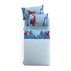 Completo lenzuola Caleffi Disney in FLANELLA di puro cotone. Fantasia da bambino Spiderman Città. Fondo azzurro/blu. letto singolo.