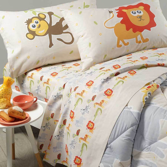 Completo lenzuola Caleffi Giungla in puro cotone. Disponibile nella misura per letto a una piazza. Il lenzuolo Giungla presenta una fantasia colorata, con simpatici animali su fondo beige. Ideale per bambini e ragazzi.