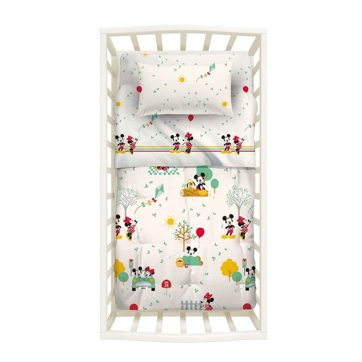 Completo lenzuola per culla Minnie & Mickey di Caleffi. Fantasia con Minnie e Topolino, variante di colore panna, ideale sia per bambino che per bambina.