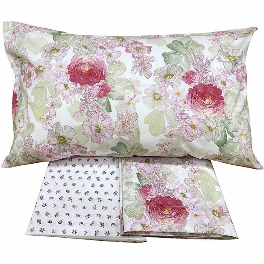 Completo lenzuola matrimoniale Fazzini Bovindo in cotone. Fantasia floreale con rose colore rosso e rosa. Lenzuolo con angoli a fiorellini.