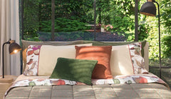 Completo lenzuola matrimoniale Fazzini Nel Parco. Lenzuola in cotone, fantasia con foglie su fondo panna.