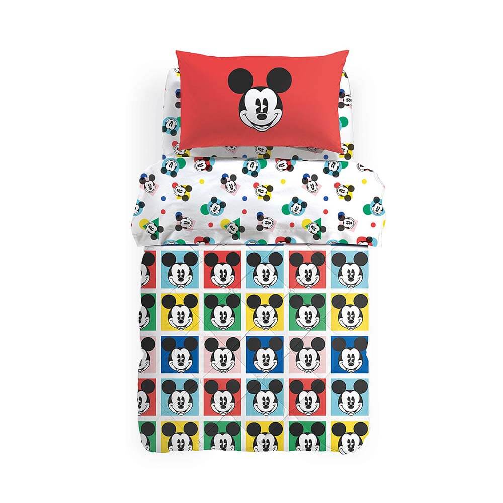 Trapunta invernale Mickey Colors con Topolino, by Caleffi Disney. Piumone in puro cotone per letto singolo. Fantasia multicolore con topolino.