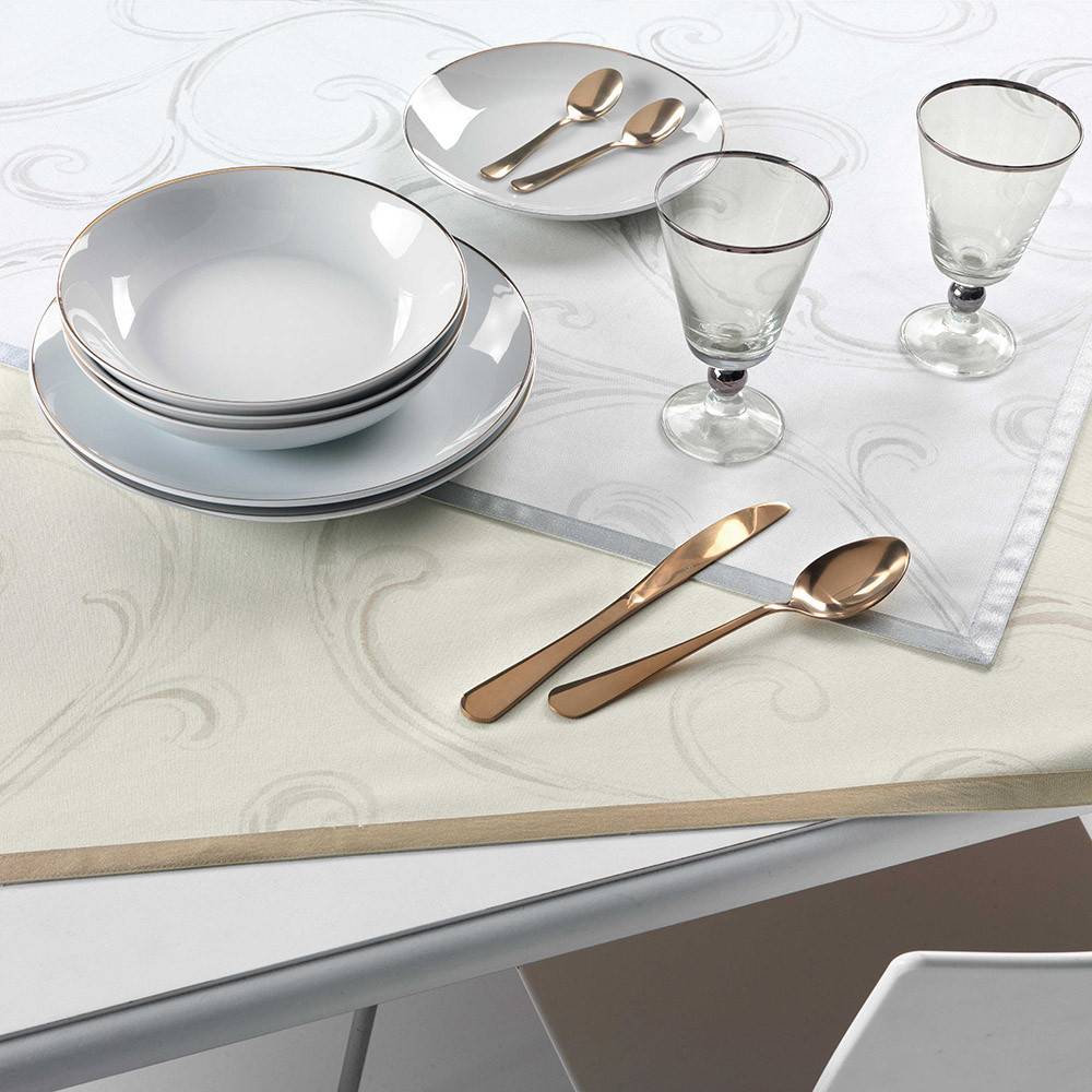 Tovaglia natalizia Camaieu Gabel in puro cotone. Colore grigio o beige. Fantasia natale. rettangolare per 12 persone, misura 150x270 cm