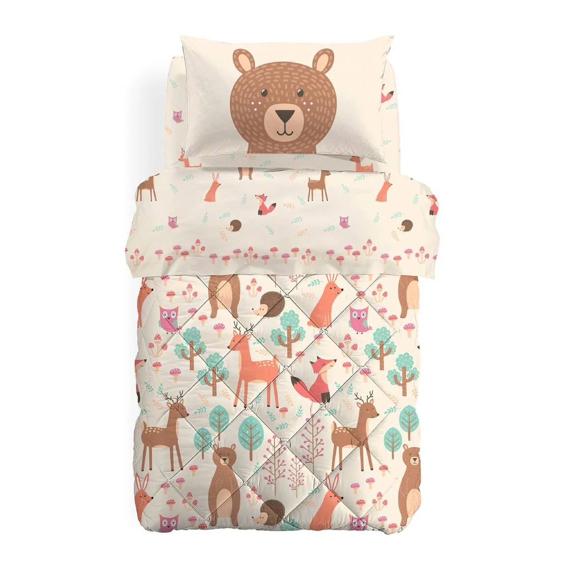 Trapunta invernale Caleffi Bosco in puro cotone per letto singolo. Piumone con fantasia per bambini con simpatici animali su fondo beige. Disponibile nella misura per letto singolo.