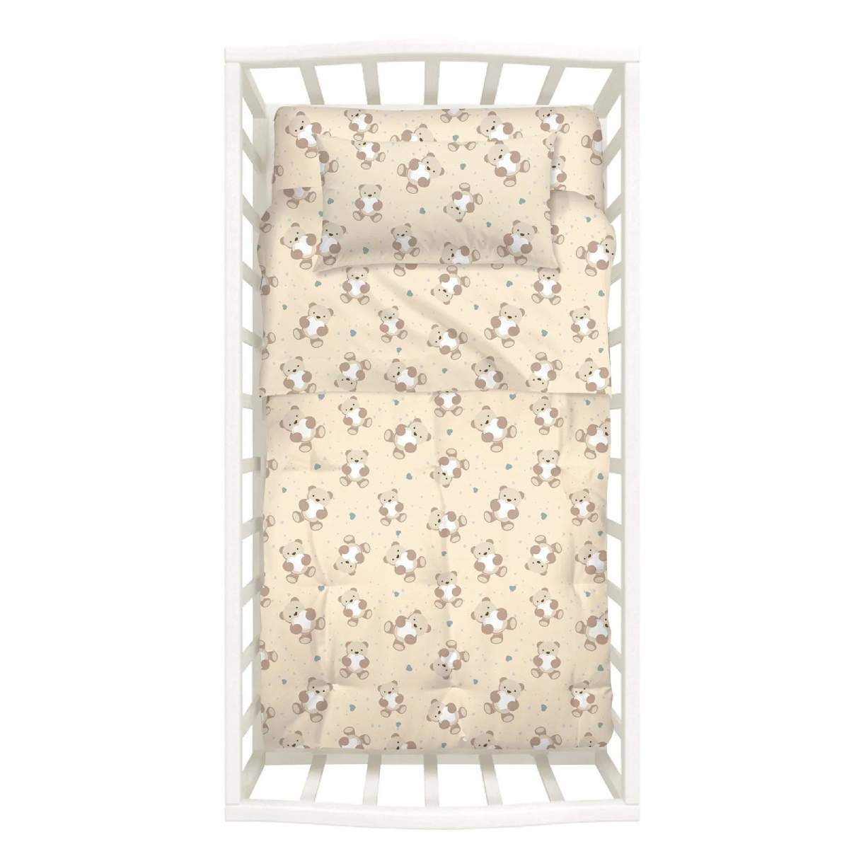 Set culla comprensivo di trapunta invernale, paracolpi e completo lenzuola in cotone Caleffi. Fantasia Orsacchiotti, variante di colore naturale (beige), ideale sia per bambino che per bambina.