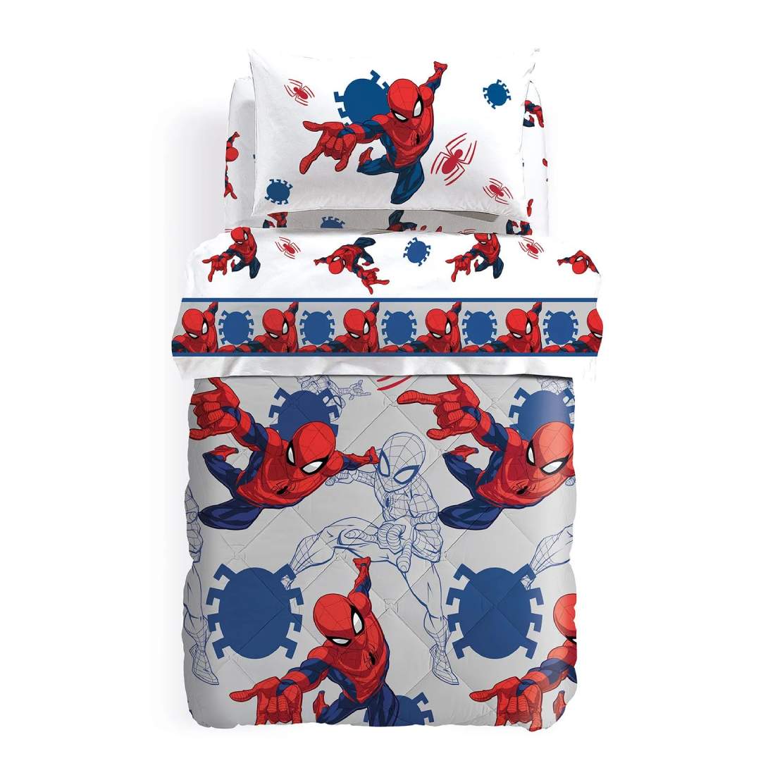 Trapunta invernale Caleffi Disney Spiderman America in puro cotone. Disponibile nella misura per letto singolo e piazza e mezza. Fondo grigio.