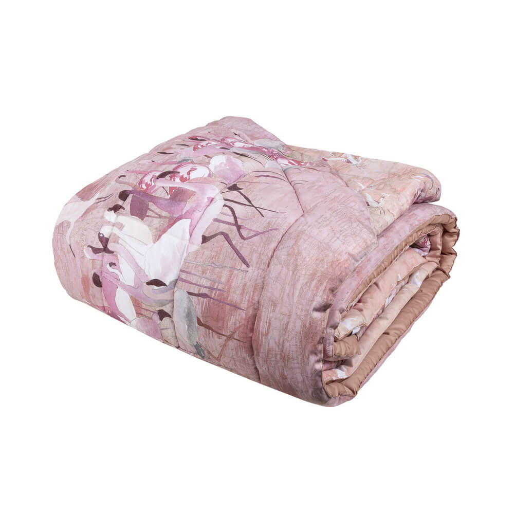 Trapunta invernale matrimoniale Fazzini Pink Africa in percalle di puro cotone. Fantasia con fenicotteri su fondo rosa