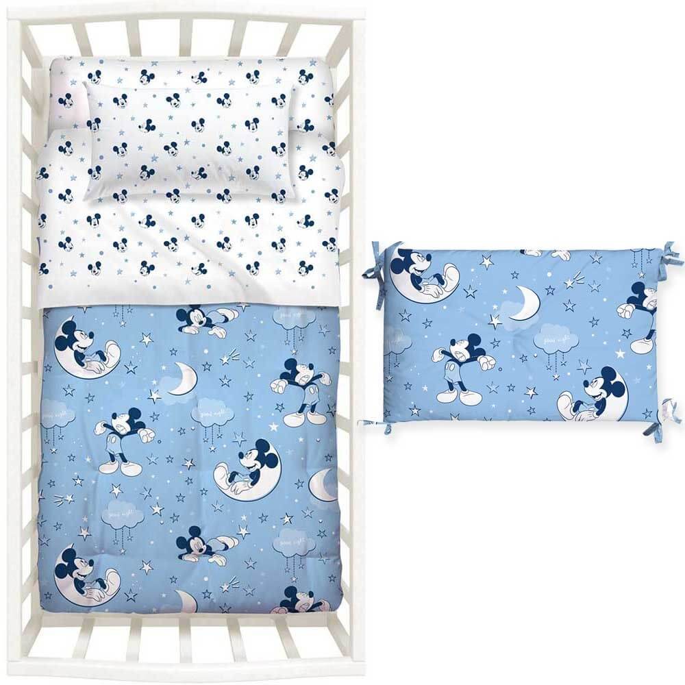 Trapunta primaverile per culla con paracolpi Mickey Stelle, di Caleffi Disney. Trapuntino culla per bambino, fantasia con Topolino su fondo celeste con luna e stelle.