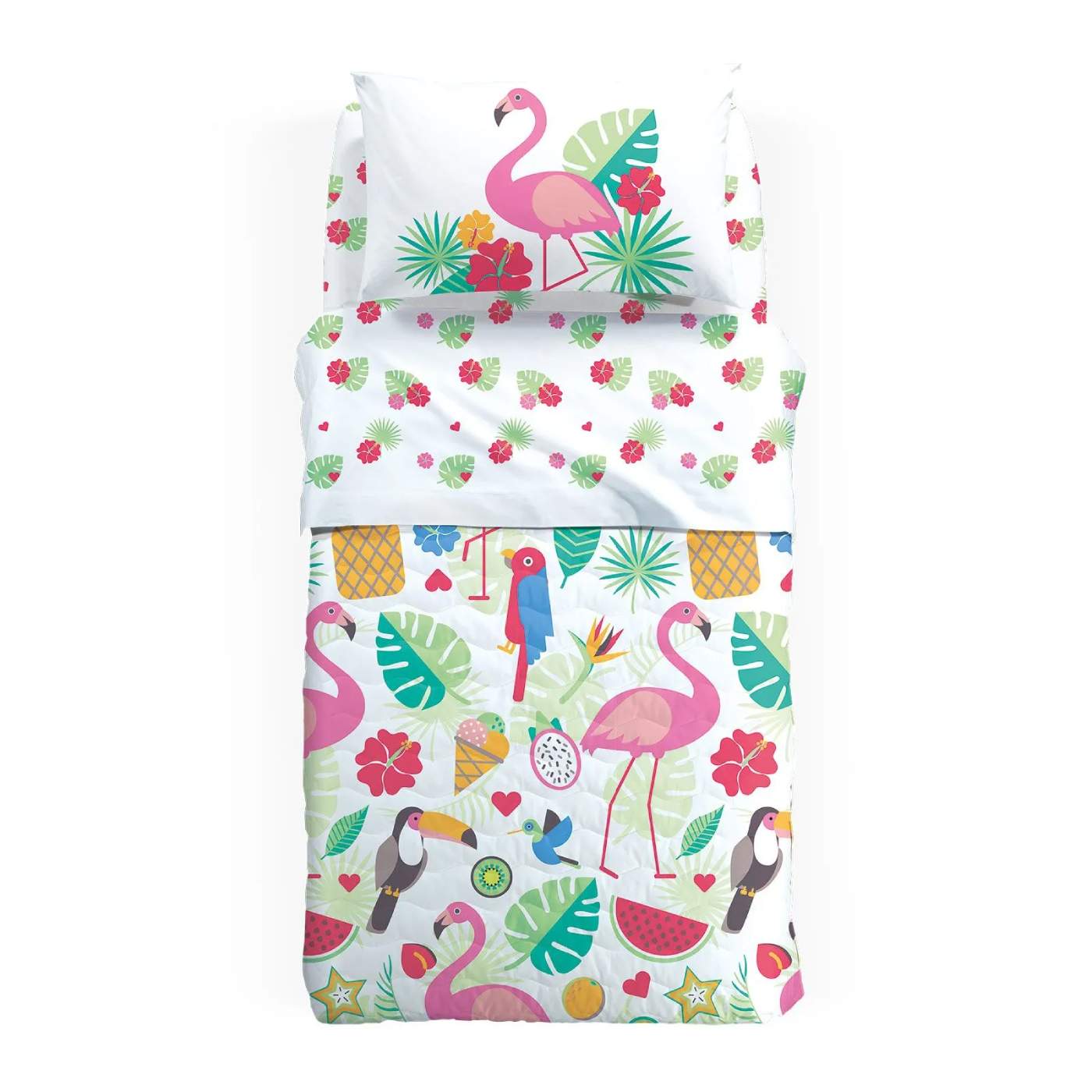 Trapuntino e lenzuolo Caleffi Fiesta in puro cotone per letto singolo. Simpatica fantasia con fenicotteri e altri animali e oggetti vivaci e colorati. Ideale per bambina e ragazza.
