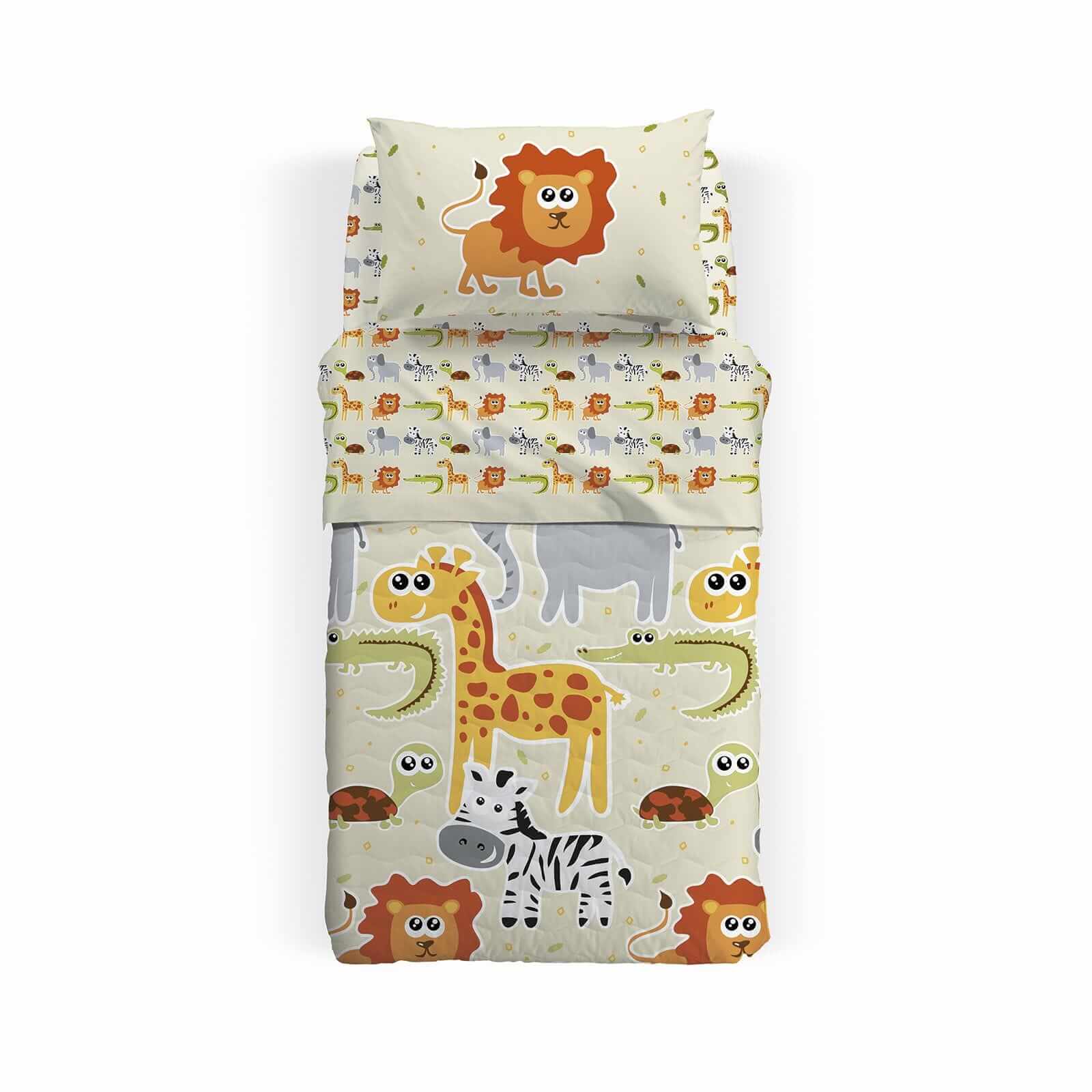 Trapuntino Caleffi Giungla in puro cotone per letto singolo. Fantasia per bambino o bambina con simpatici animali su fondo beige.