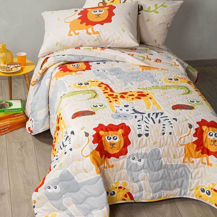 Trapuntino Caleffi Giungla in puro cotone per letto singolo. Fantasia per bambino o bambina con simpatici animali su fondo beige.