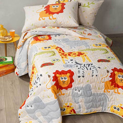 Trapuntino Caleffi Giungla in puro cotone per letto singolo. Fantasia per bambino o bambina con simpatici animali su fondo beige.