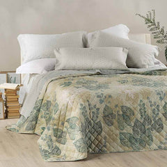 Trapuntino matrimoniale Caleffi Betulla in puro cotone. Fantasia floreale colore bosco, verde azzurro