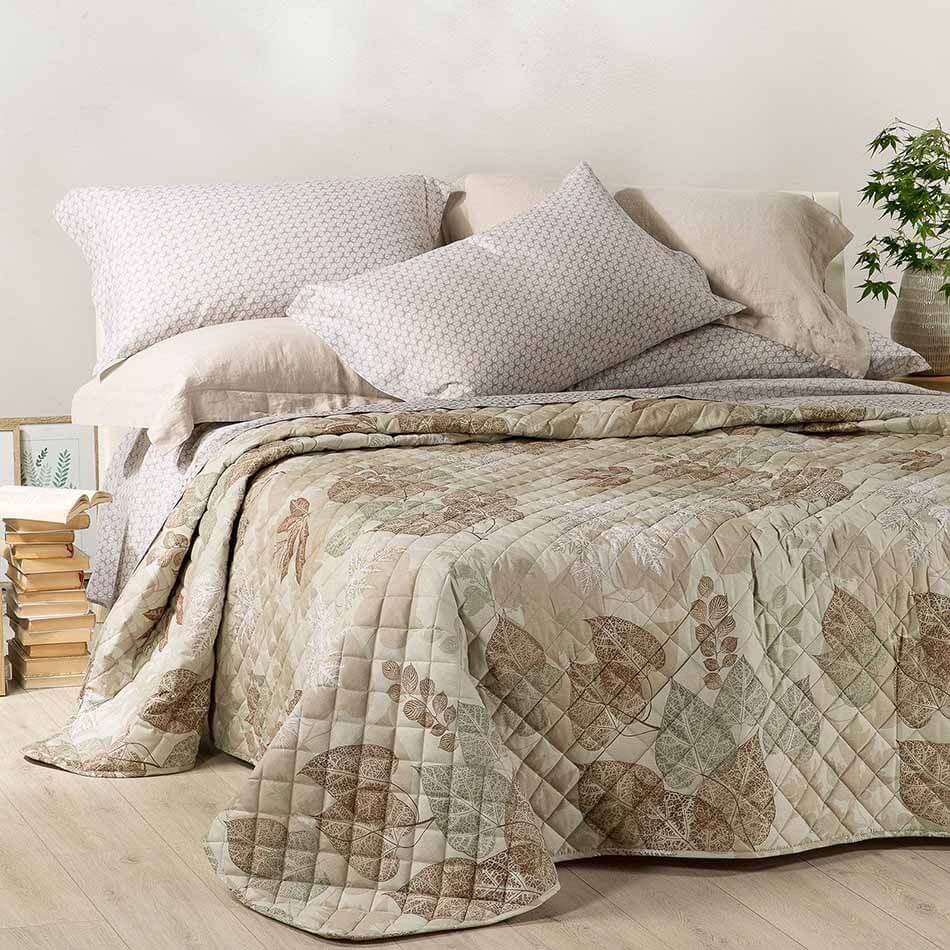 Trapuntino matrimoniale Caleffi Betulla in puro cotone. Fantasia floreale colore naturale, verde, beige