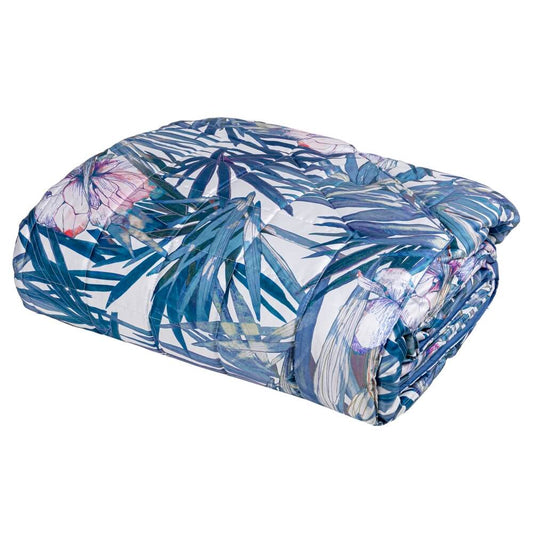 Trapuntino matrimoniale Fazzini Papiro in raso di puro cotone. Trapunta primaverile con fantasia floreale: foglie e fiori blu e rosa su fondo bianco.
