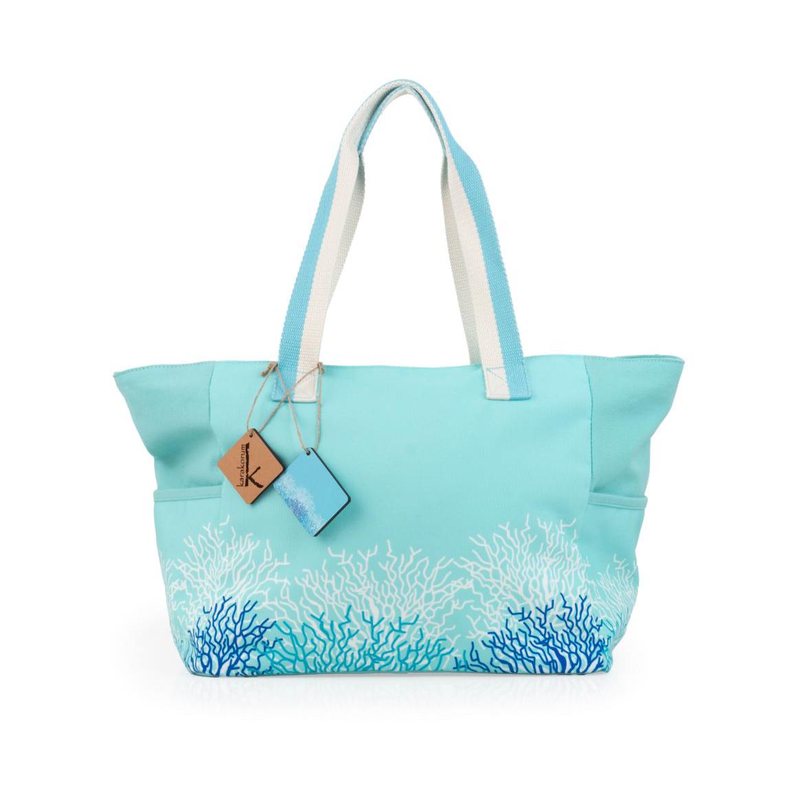 Borsa mare Karakorum Tacoma. Borsa da spiaggia in fantasia con coralli azzurri e bianchi su fondo verde acqua. 