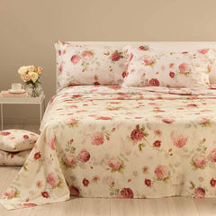 Copriletto Caleffi Eden Rose, in panama di puro cotone con stampa digitale.Romantica fantasia con rose rosse su fondo avorio. Coperta estiva per letto matrimoniale