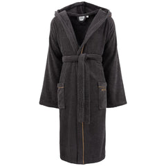 Accappatoio Borbonese Fine OP con cappuccio, in spugna di puro cotone da 380 g/mq. Tinta unita con codina con fantasia a occhio di pernice lungo i bordi e sulle tasche. Tasca con logo Borbonese ricamato. Colore grigio ferro antracite