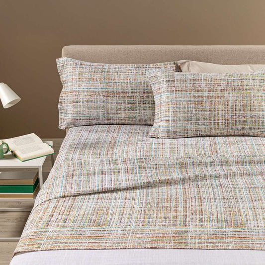 Completo lenzuola Caleffi Candy, in flanella di puro cotone. Fantasia intreccio di linee orizzontali e verticali in colori vivaci (senape, verde acqua, bordeaux, beige).