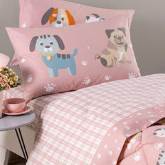 Completo lenzuola Caleffi Cuccioli in cotone per letto singolo e piazza e mezza. Fantasia con cagnolini su fondo rosa.