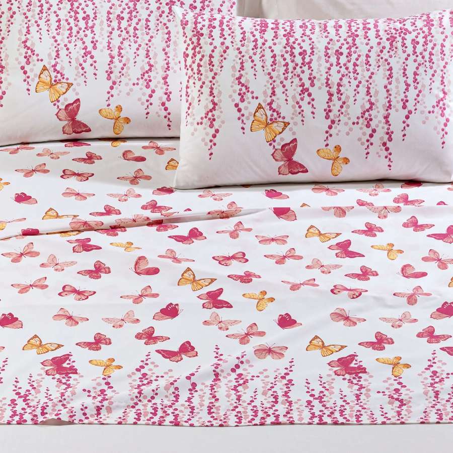 Completo lenzuola Caleffi Kimberly in puro cotone, per letto a una piazza. Set lenzuola in fantasia con farfalle rosa e gialle e fiori, ideale per bambine e ragazze