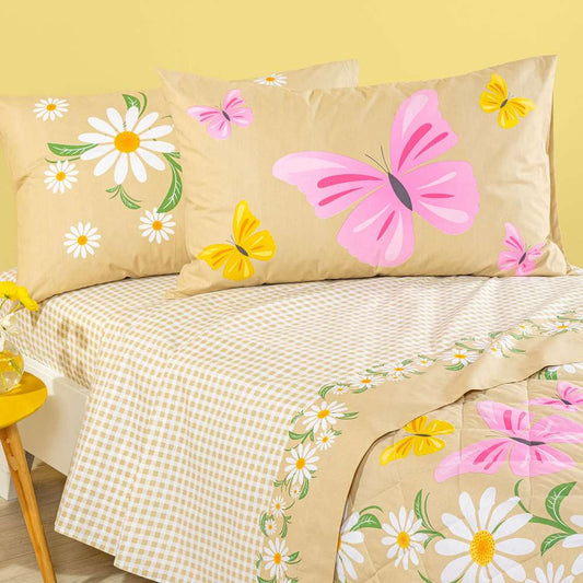 Completo lenzuola Caleffi Margherite. fantasia con grandi fiori e farfalle colorate su fonde beige. lenzuolo di sotto scozzese.