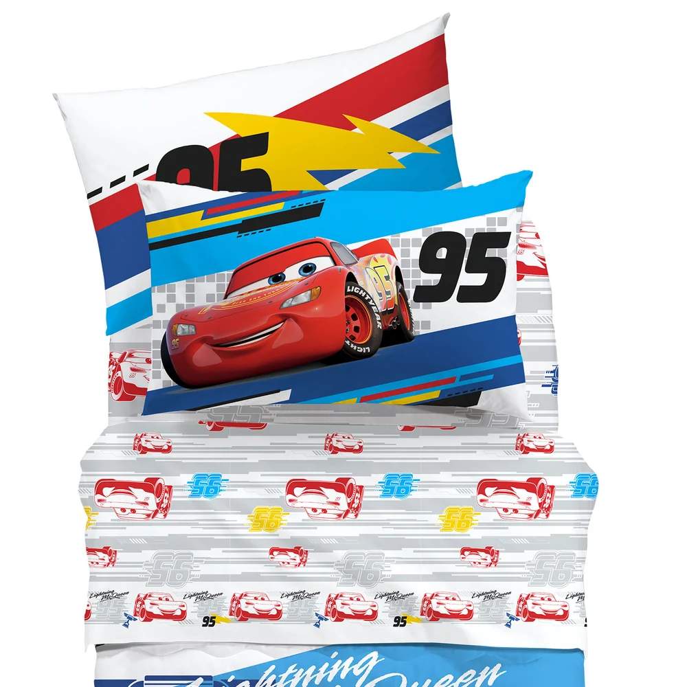 completo lenzuola cars caleffi disney in cotone. fantasia con macchina rossa su fondo grigio e blu