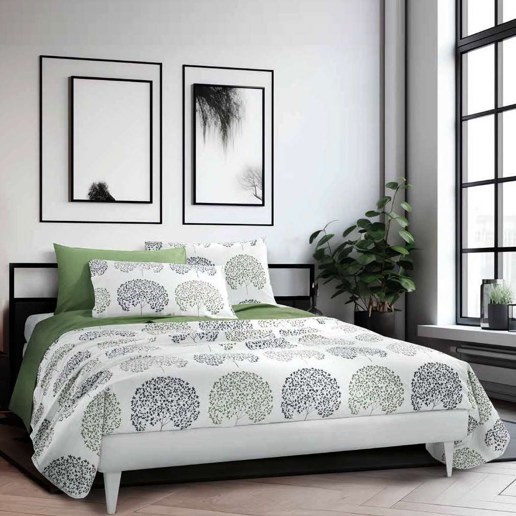 Lenzuolo Copriletto matrimoniale Life in puro cotone. Disponibile nella misura per letto singolo e matrimoniale. Realizzato in Italia da Gabel.Il completo lenzuola Life presenta una moderna fantasia floreale in cui i fiori neri e verdi spiccano sul fondo bianco. La stampa è presente sulle federe e sul lenzuolo superiore, mentre la balza è in tinta unita verde. Il lenzuolo con angoli presenta una fantasia con puntini neri su fondo bianco