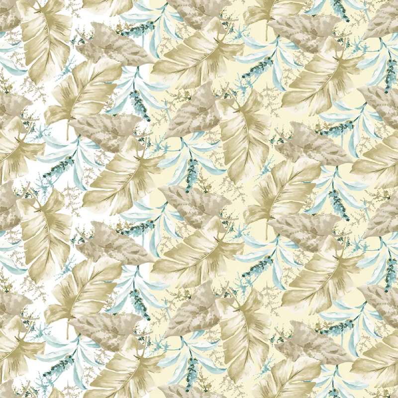 Lenzuolo copriletto Gabel Saint Tropez. Fantasia foglie tropicali oro su fondo madreperla beige