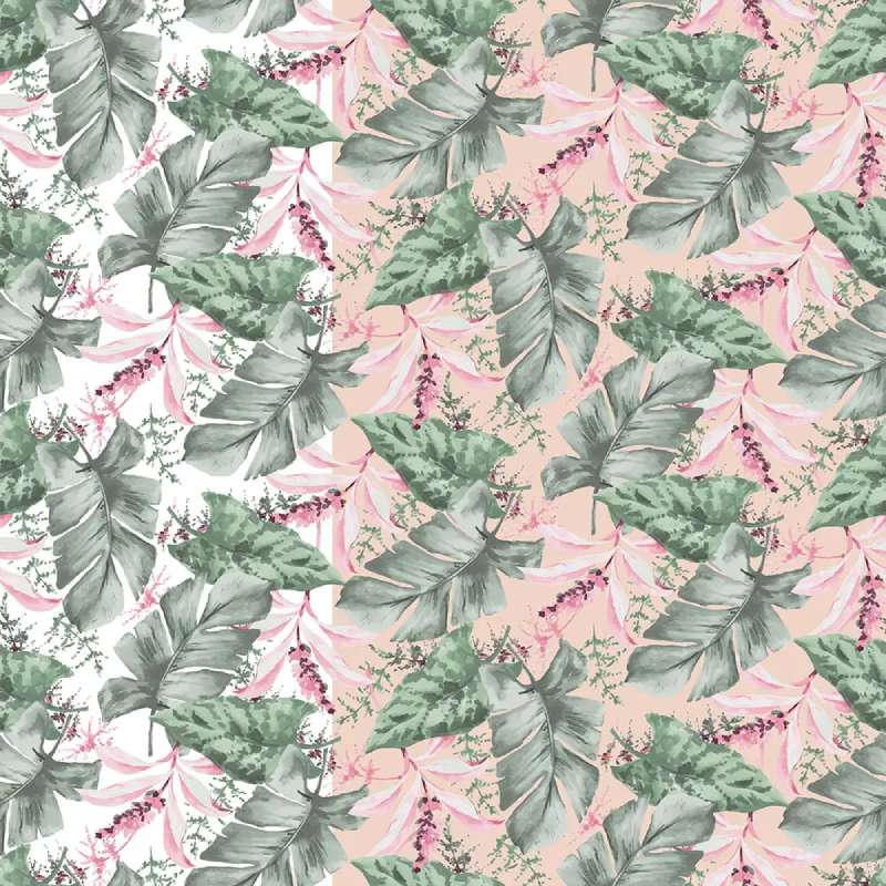 Lenzuolo copriletto Gabel Saint Tropez. Fantasia foglie tropicali verdi su fondo rosa phard 
