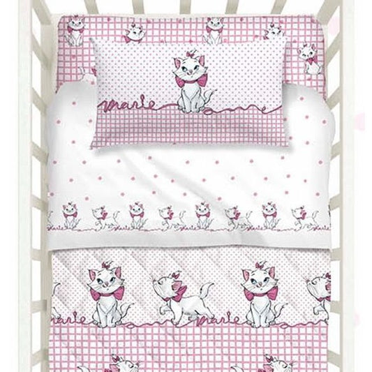 lenzuolo culla caleffi disney aristogatti. Fantasia con gattina Minou su fondo bianco e rosa.