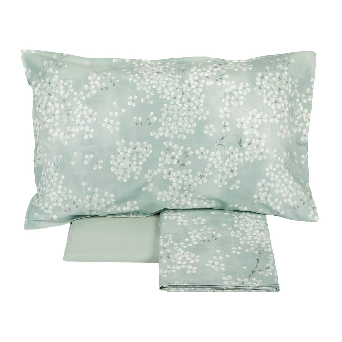 Completo Lenzuola matrimoniale Fazzini Kimono in percalle di cotone. Fantasia floreale con fiori bianchi su fondo verde acqua 