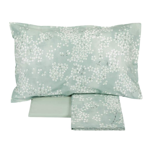 Completo Lenzuola matrimoniale Fazzini Kimono in percalle di cotone. Fantasia floreale con fiori bianchi su fondo verde acqua 