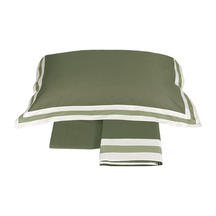 Completo lenzuola sentieri Fazzini matrimoniale cactus. lenzuolo tinta unita verde scuro con balza a contrasto.