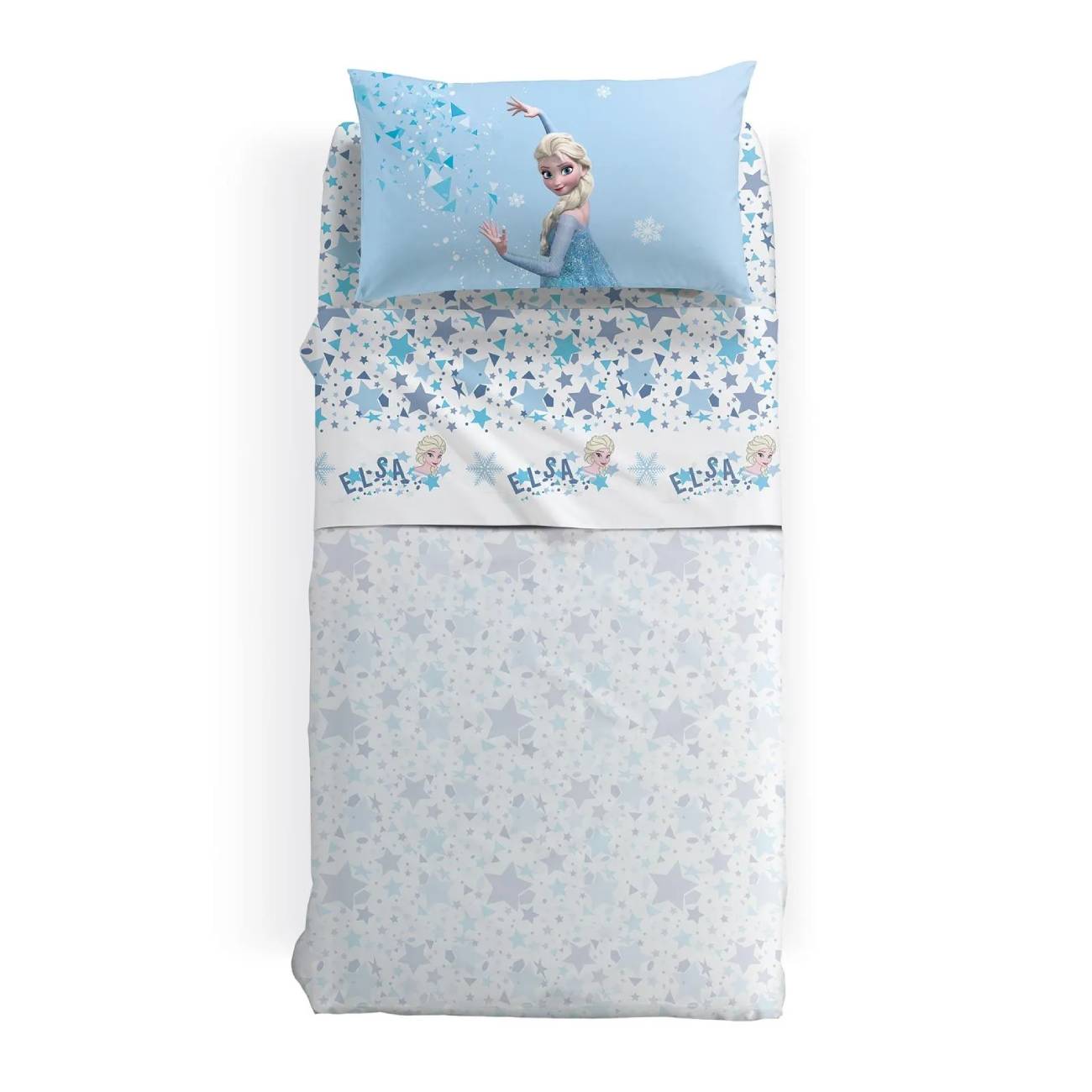 Completo lenzuola Caleffi Disney Frozen Dream, in puro cotone per letto singolo. Il completo lenzuola Frozen Dream presenta una fantasia con stelle azzurre su fondo bianco. Sulla federa invece è stampata Elsa su fondo azzurro.Ideale per la tua bambina