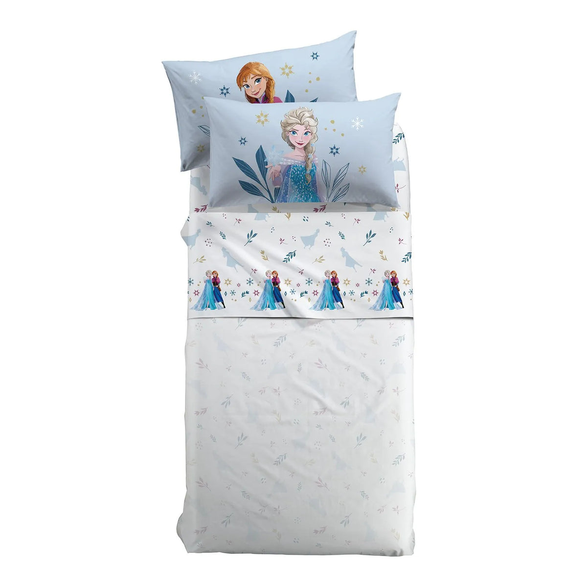 Completo lenzuola Frozen Elsa e Anna, della linea Caleffi Disney, in puro cotone per letto singolo o piazza e mezza. Ideale per la tua bambina.
&nbsp;
Il completo lenzuola Elsa e Anna presenta una delicata fantasia su fondo bianco. Sulla federa double face invece sono stampate Elsa e Anna su fondo azzurro.