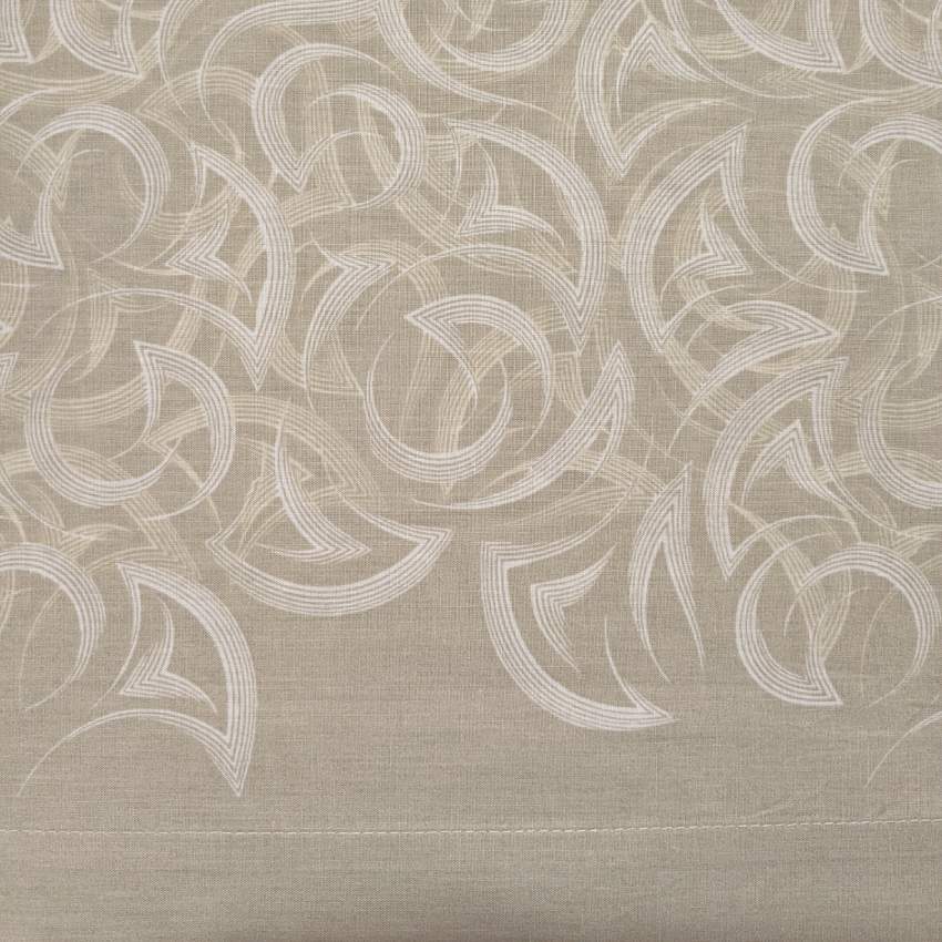 Completo lenzuola Caleffi Luna in puro cotone. Disponibile nella misura per letto piazza e mezza e matrimoniale.  Il completo lenzuola Luna presenta una moderna fantasia dalle forme morbide su fondo tortora.