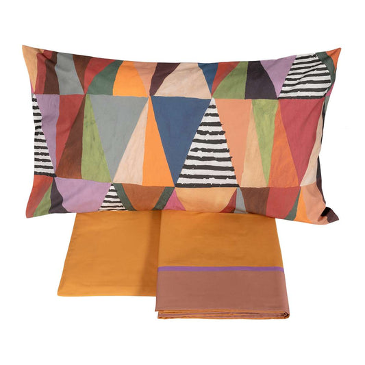 completo lenzuola mexico fazzini. Federe in fantasia geometrica multicolore. Lenzuolo tinta unica color zucca.