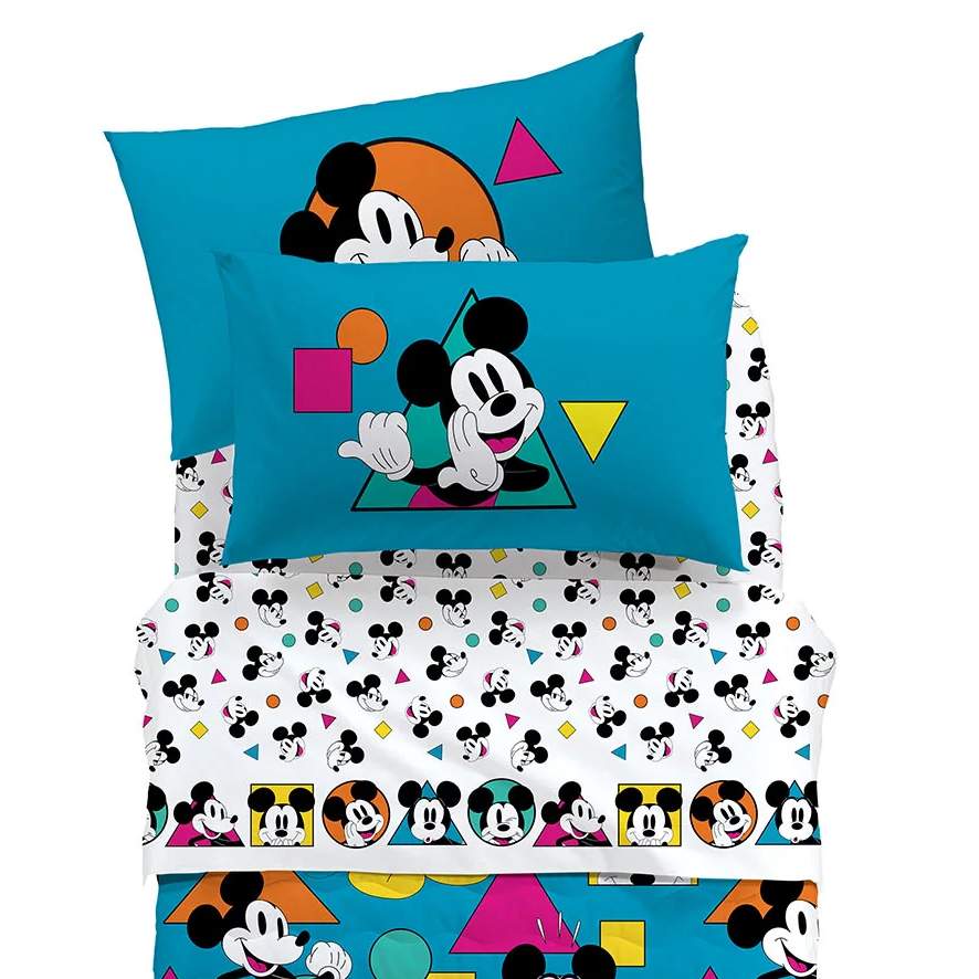 Completo lenzuola Mickey Geo Caleffi Disney. Fantasia con forme geometriche colorate e federe con Topolino su fondo color petrolio.