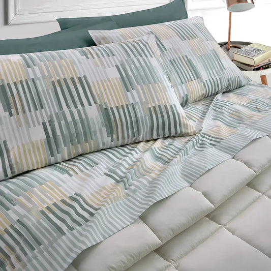 Completo lenzuola Somma Madeleine matrimoniale in flanella di cotone. Fantasia geometrica a righe grigie, verdi, oro