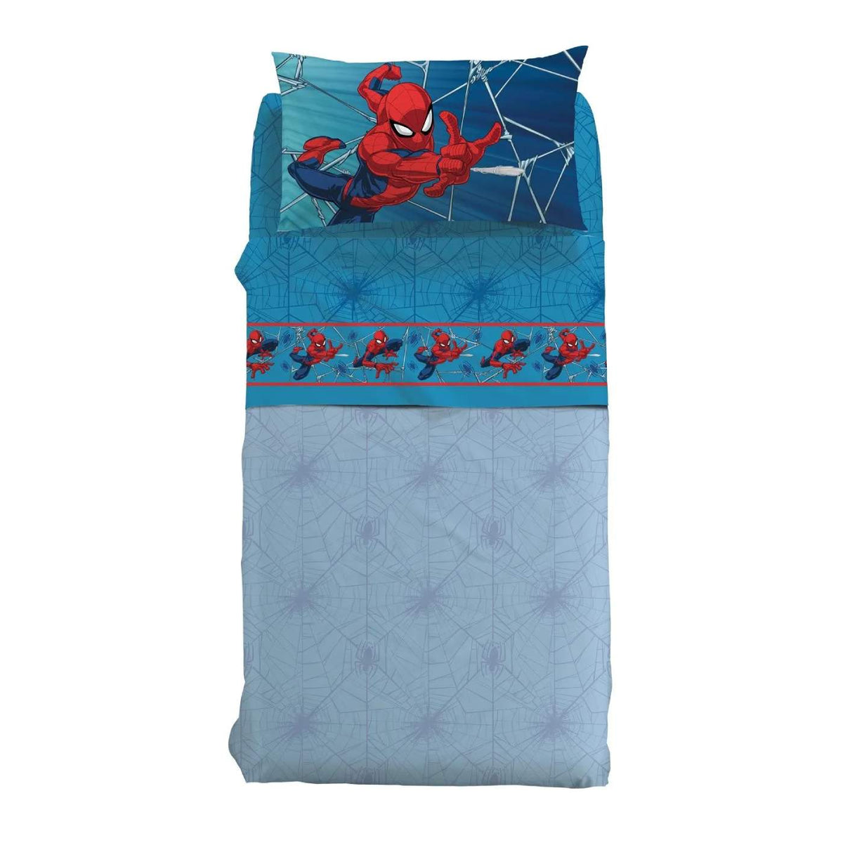 Completo lenzuola Caleffi Spiderman Force in puro cotone per letto singolo.  Fantasia azzurra per bambino.