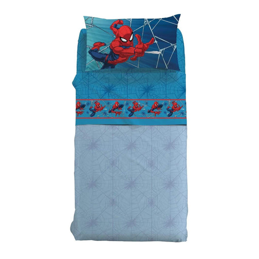Completo lenzuola Caleffi Spiderman Force in puro cotone per letto singolo.  Fantasia azzurra per bambino.